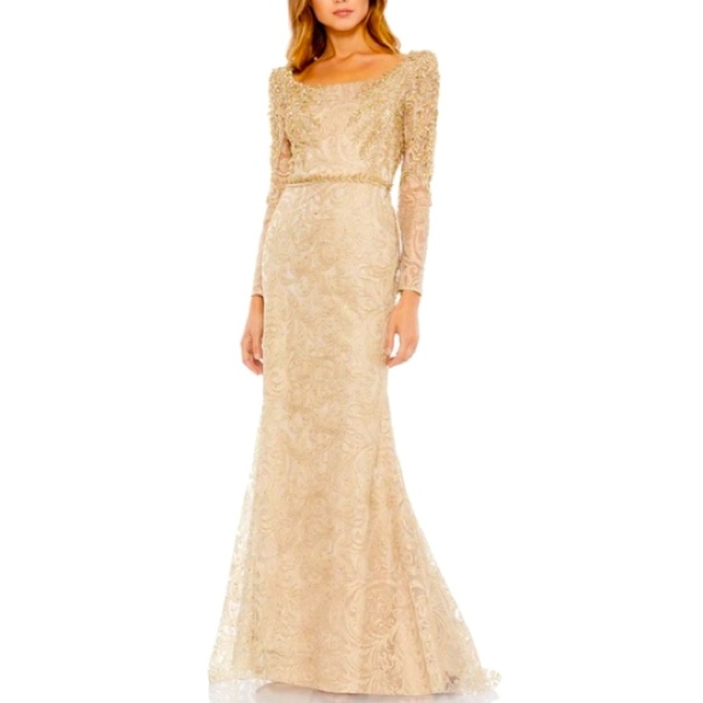 NWT Mac Duggal 11187 Gold Embroidered Applique Detail Trumpet Gown - Sz 8